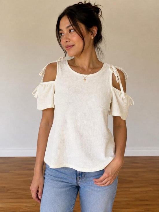 Madewell Tops - Madewell Cream Cold-Shoulder Tie-Detail Blouse